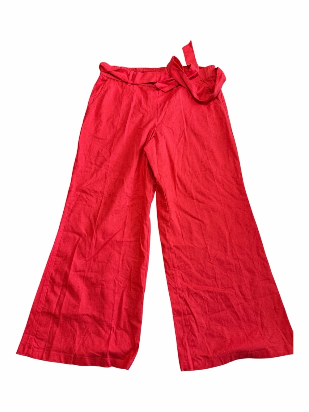 Vibrant Red Wide-Leg Linen-Blend Belted Pants Size Large Petite Lightweight Boho